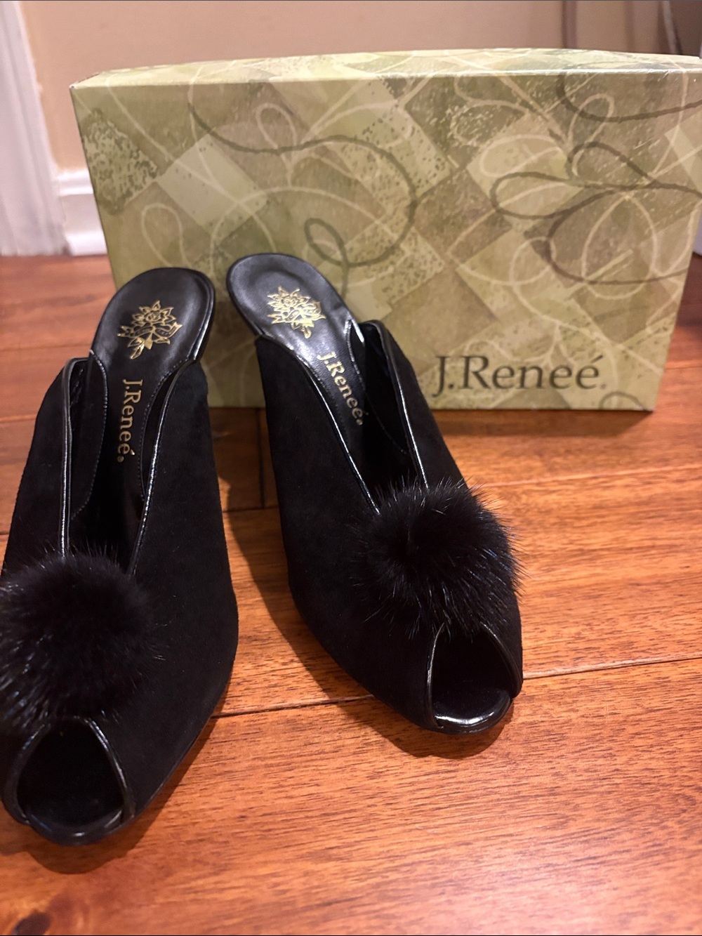 J.Renee Black Suede Pom-Pom Peep Toe Mules